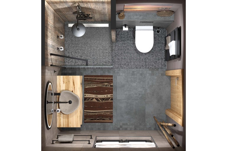 Vedere de sus a unei băi cu duș tip walk-in, lavoar din piatră pe blat din lemn, WC suspendat și gresie gri.