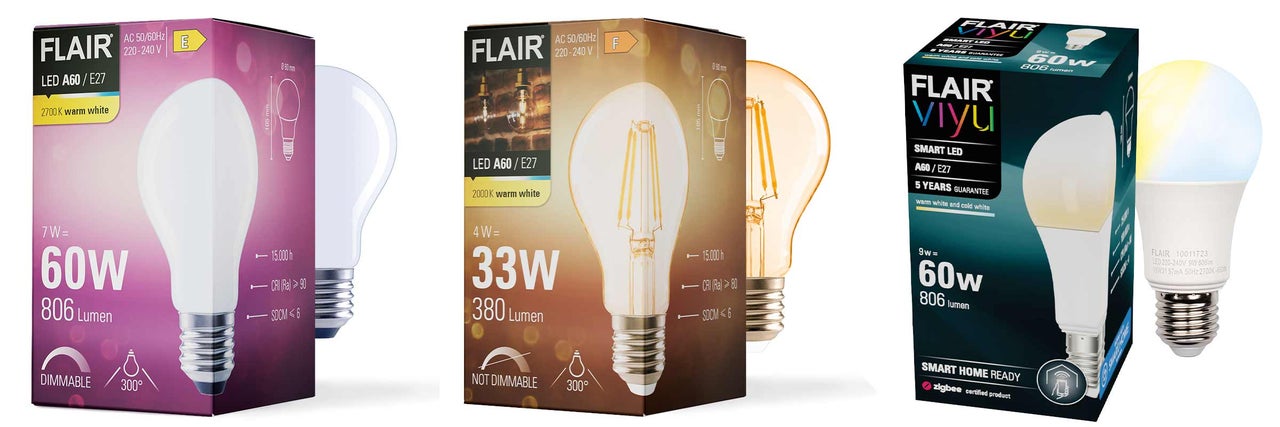 Diverse becuri Flair A60 E27 cu putere și culoare de lumină diferite