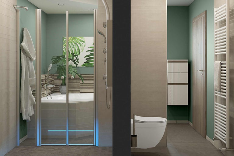 Baie modernă cu duș, toaletă, dulap sub chiuvetă și calorifer portprosop.