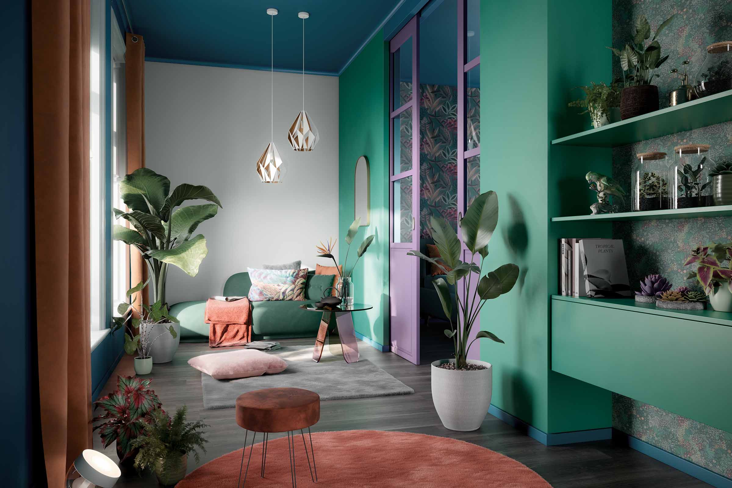 Un living cu o canapea, o masă, un taburet, covoare, plante și elemente decorative.