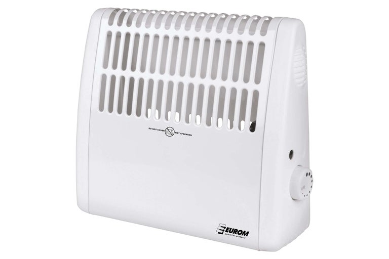 Încălzitor electric alb cu grilaj de ventilație și regulator de temperatură