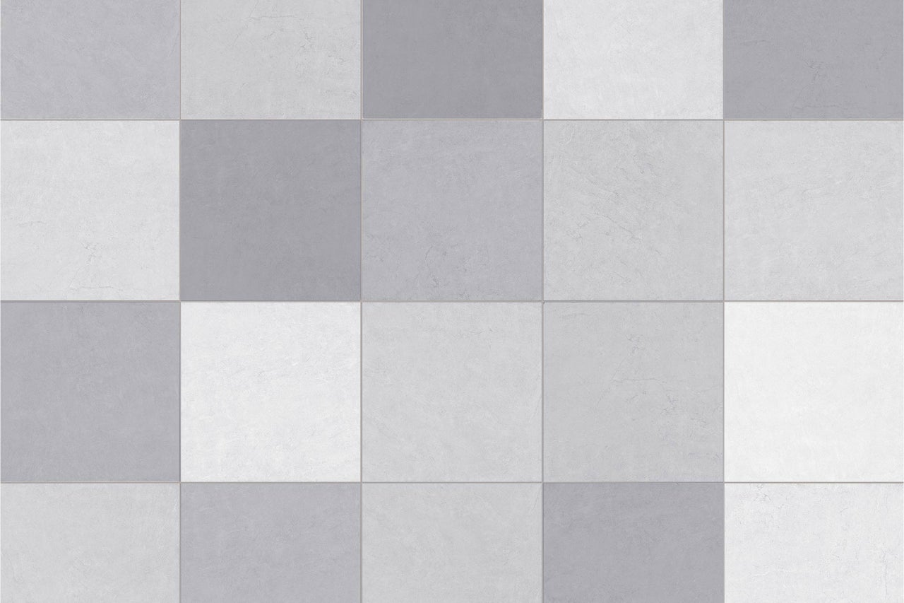 Placi ceramice pentru pardoseala sau perete, patrate, in model de tabla de sah, cu suprafata texturata in diferite nuante.