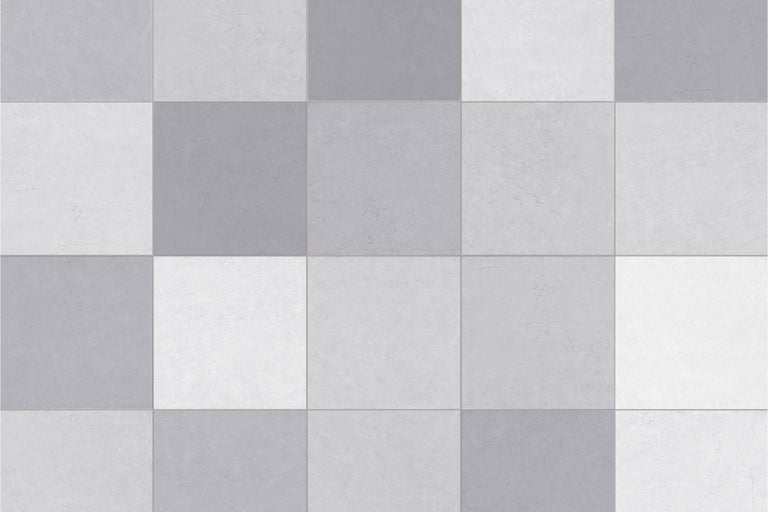 Placi ceramice pentru pardoseala sau perete, patrate, in model de tabla de sah, cu suprafata texturata in diferite nuante.