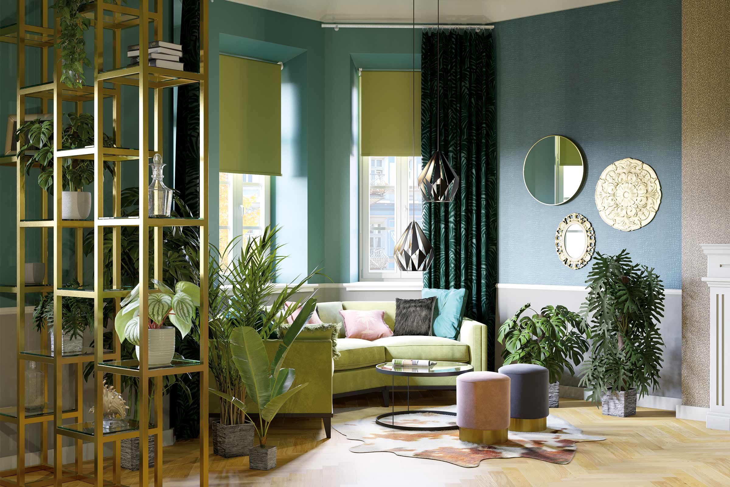 Cameră de zi cu canapea verde, plante, rafturi și elemente decorative pentru o atmosferă vibrantă