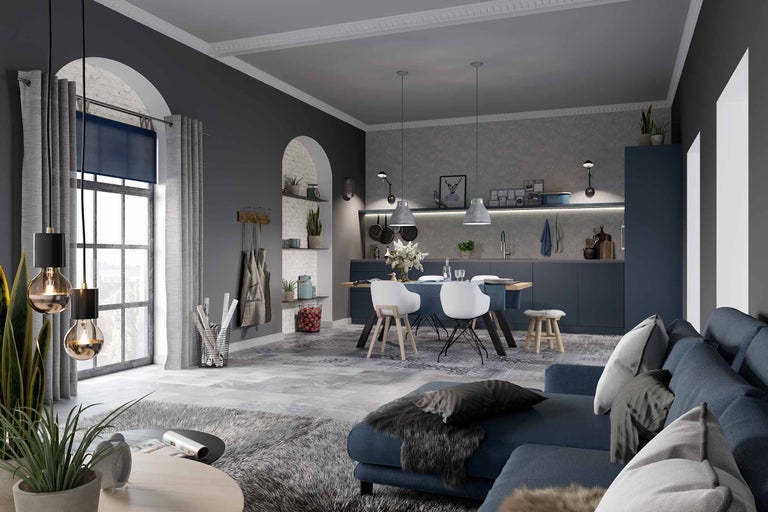 Living luminos cu canapea, masă și chicinetă