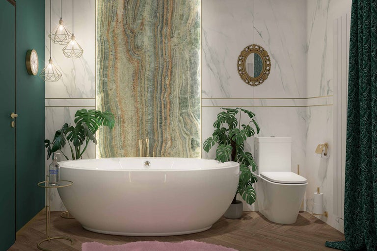 Baie modernă cu cadă freestanding, toaletă și elemente decorative precum plante și placări de perete