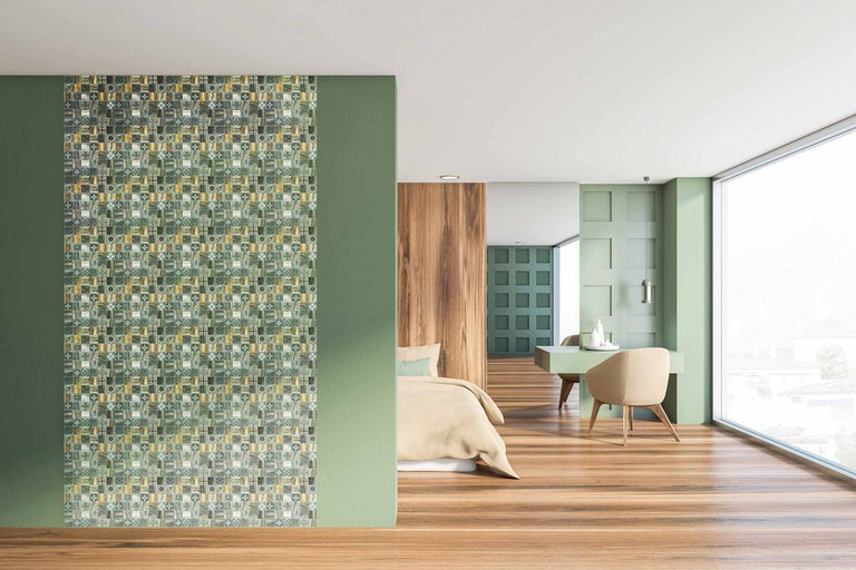 Dormitor luminos cu perete cu model și podea din lemn