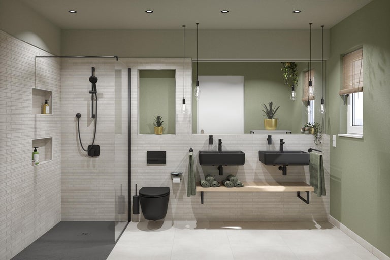 Baie cu duș, toaletă, lavoar și oglindă