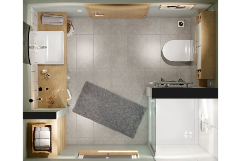 Vedere de sus a unei băi cu chiuvetă, toaletă și duș