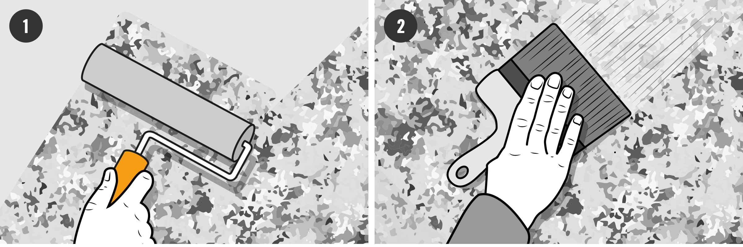 Ilustrația arată aplicarea vopselei cu trafaletul și cu pensula.