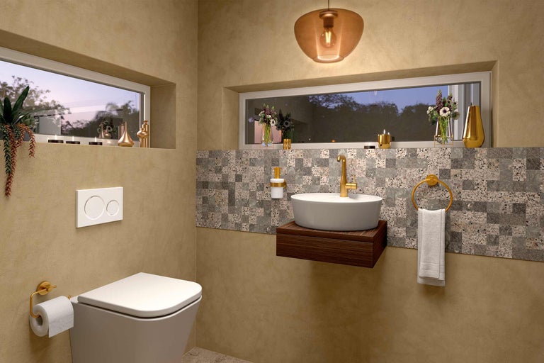 Baie cu toaletă, chiuvetă, oglindă și iluminat într-un design luminos