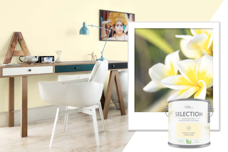 Birou luminos cu birou, scaun și cutie de vopsea de perete Style Color Selection Iasomie indiană.