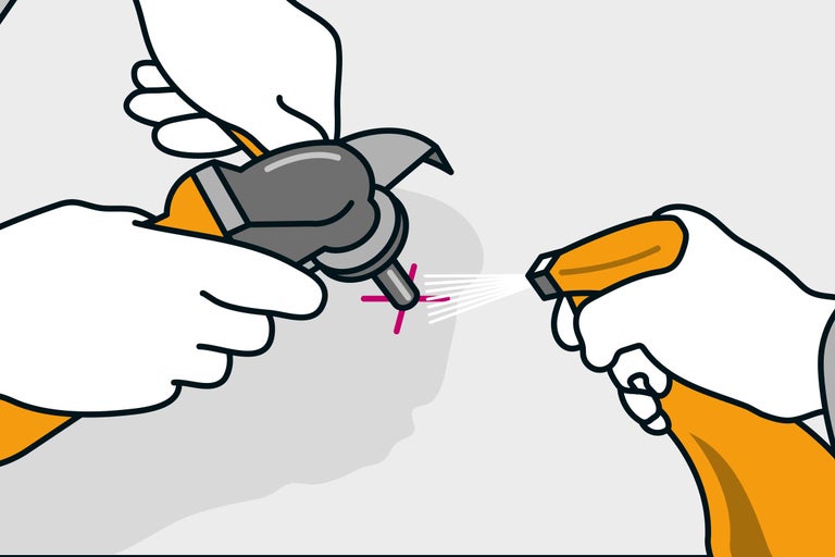 Ilustrație: Curățarea unui foarfece de grădină cu un spray de curățare