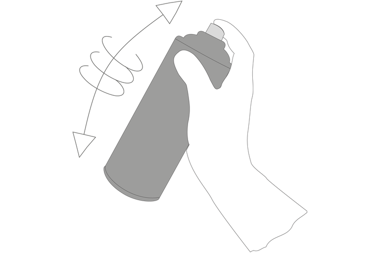 Ilustrație cu o mână care agită un recipient cu spray înainte de utilizare