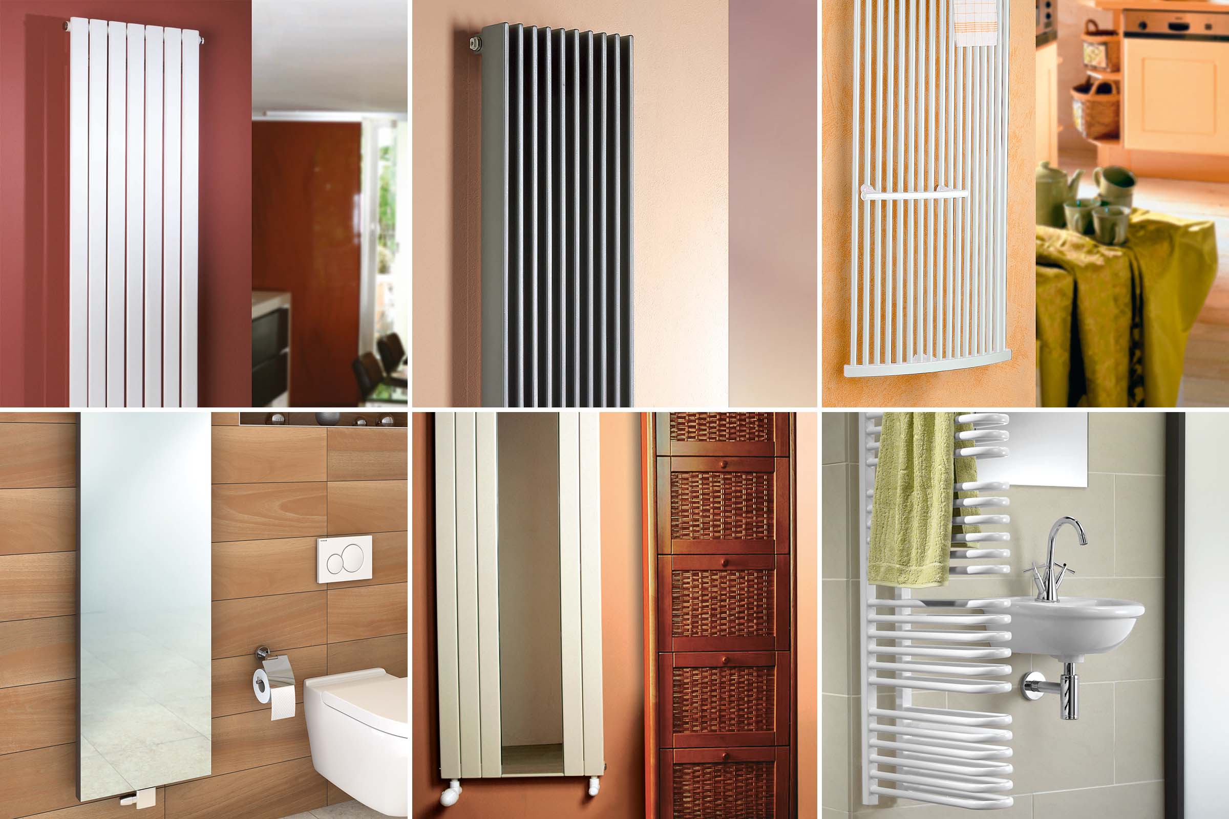 Colaj cu diverse radiatoare și mobilier de baie pentru baie