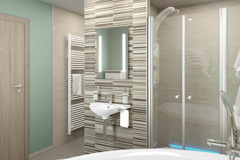 Baie cu duș, chiuvetă, oglindă și radiator