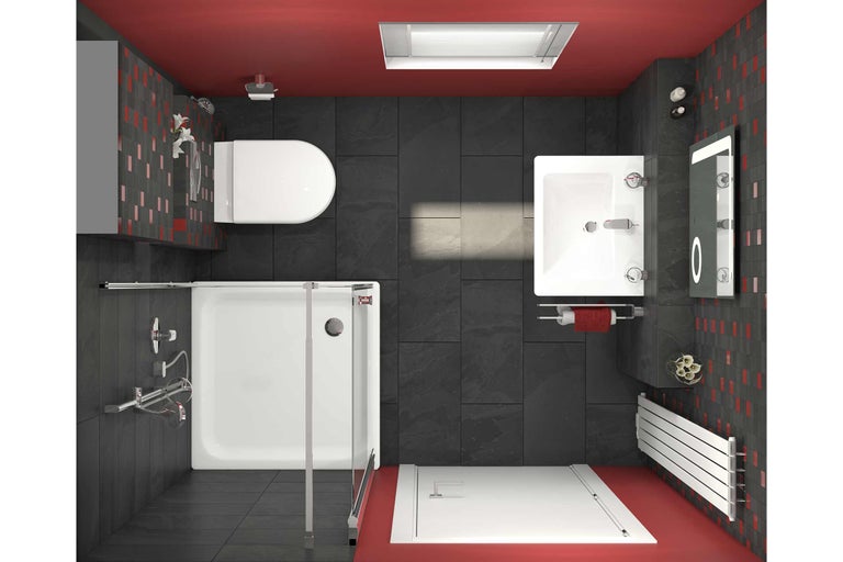 Vedere de sus a unei băi cu duș, toaletă, chiuvetă și calorifer