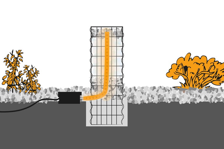 Ilustrație cu un gabion cu iluminare în grădină