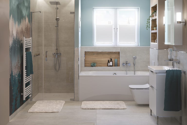 Baie luminoasă cu duș, cadă, chiuvetă și toaletă