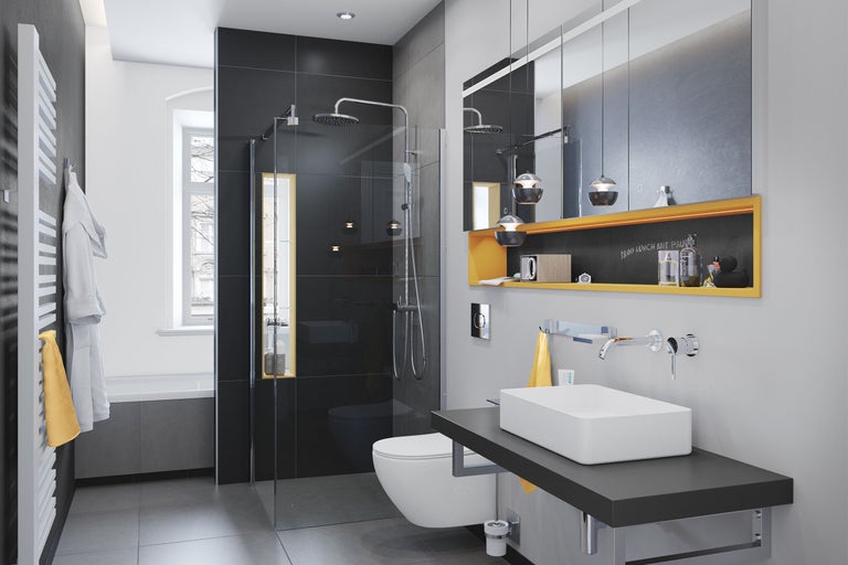 Baie cu duș, lavoar, dulap cu oglindă și calorifer