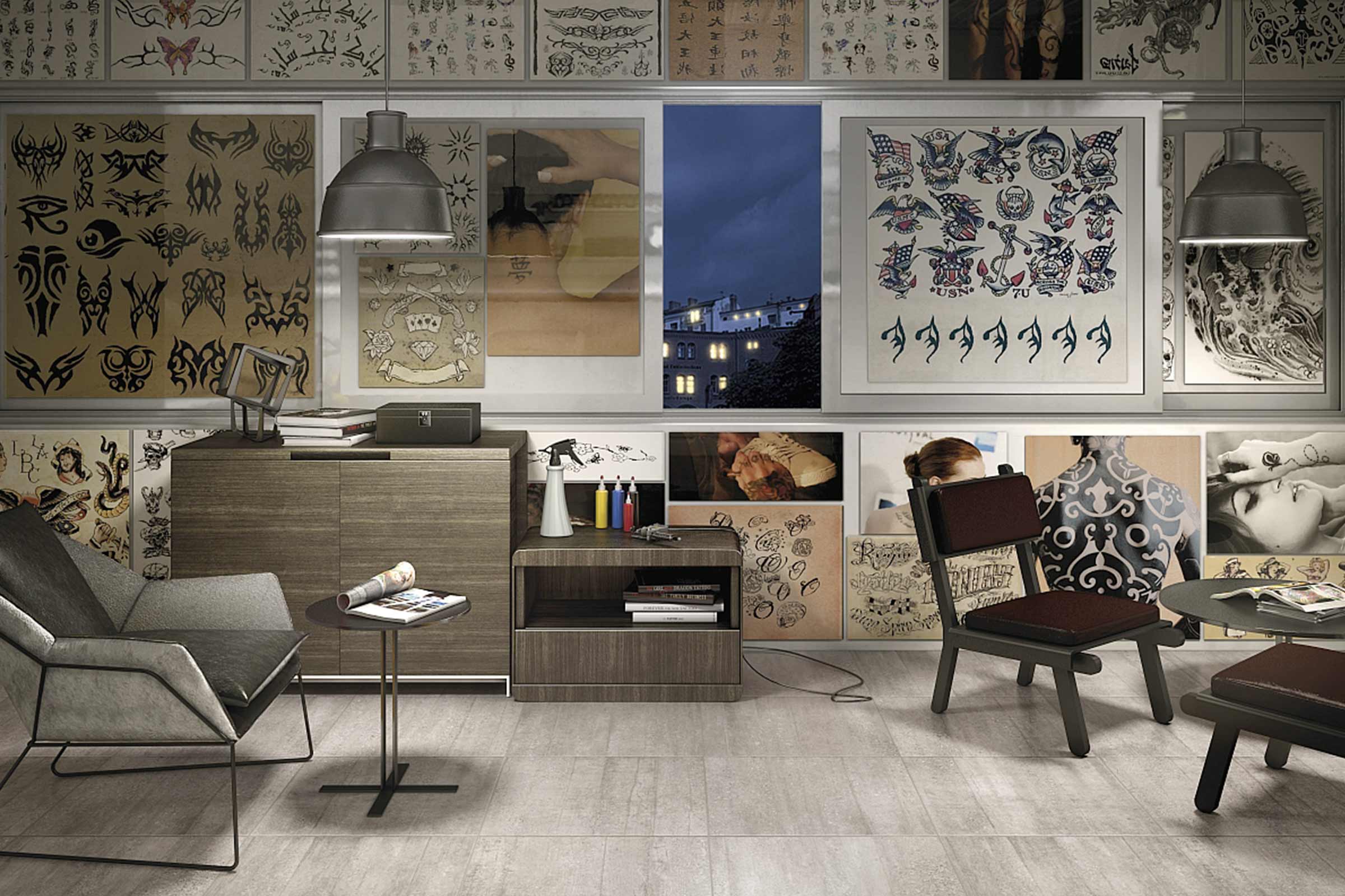 Exemplu de amenajare a unui studio de tatuaje cu mobilier și picturi murale