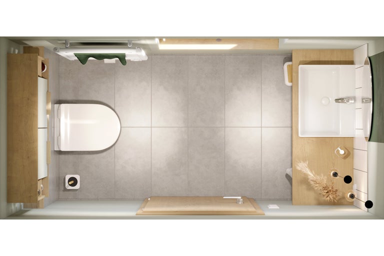 Baie cu toaletă, lavoar și duș din perspectivă aeriană