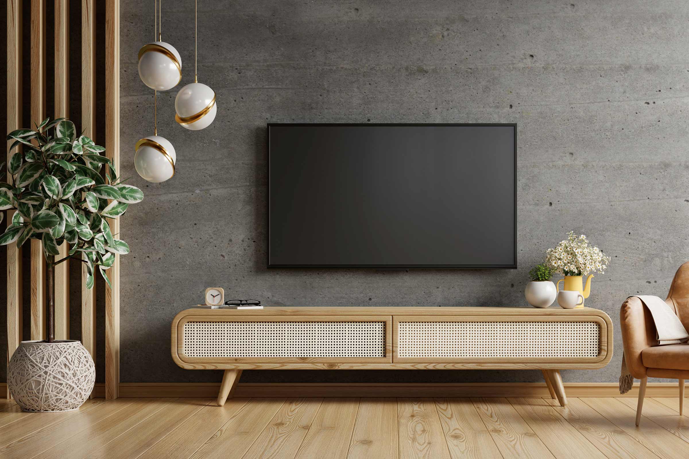Cameră de zi cu televizor, mobilier TV, decorațiuni și plante de interior