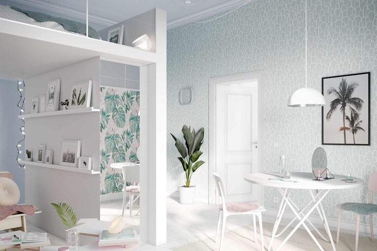 Cameră luminoasă cu pat supraetajat, rafturi, masă, scaune și plantă de apartament