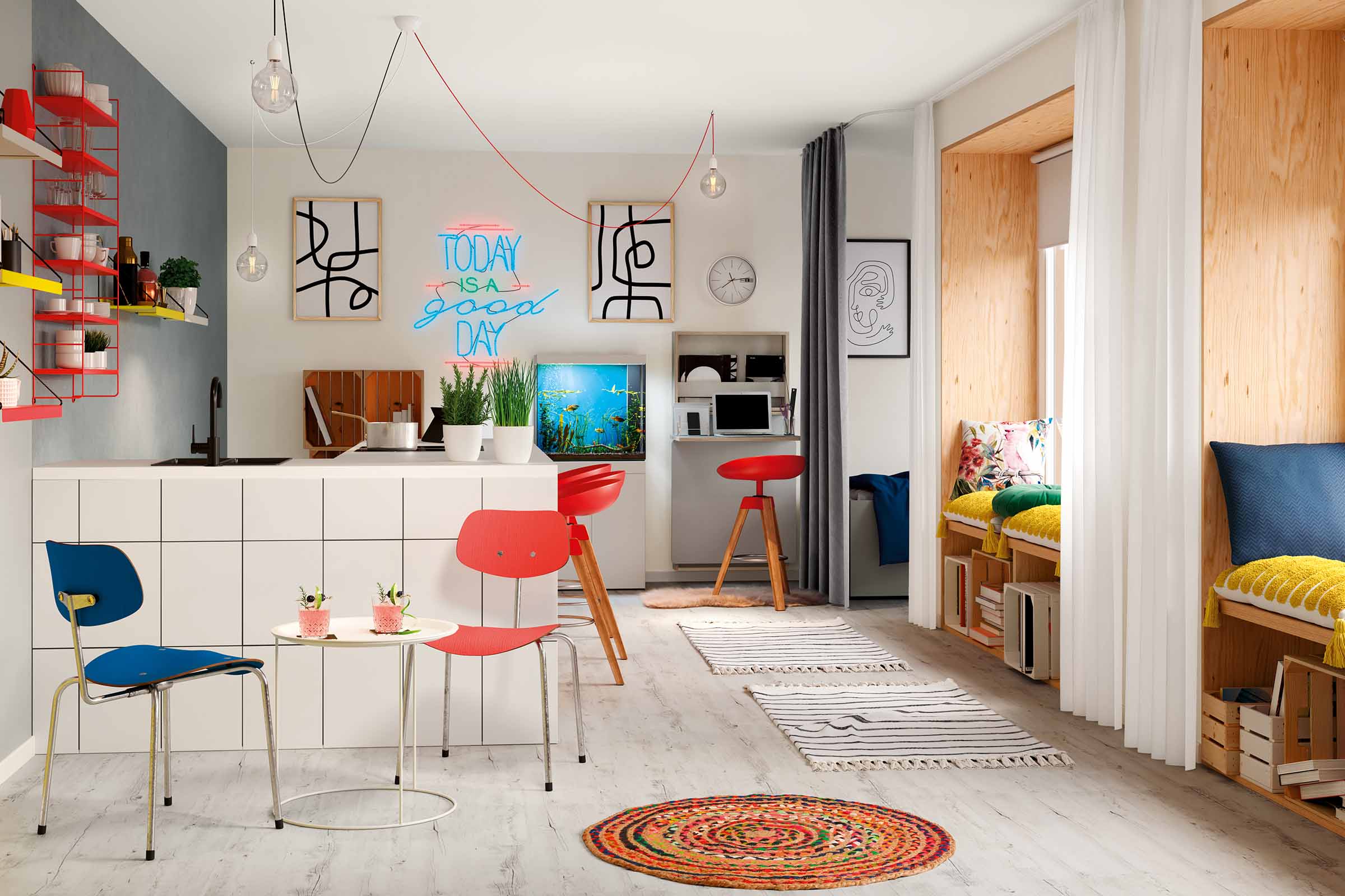 Spațiu de locuit luminos cu bucătărie, zonă de relaxare și decorațiuni