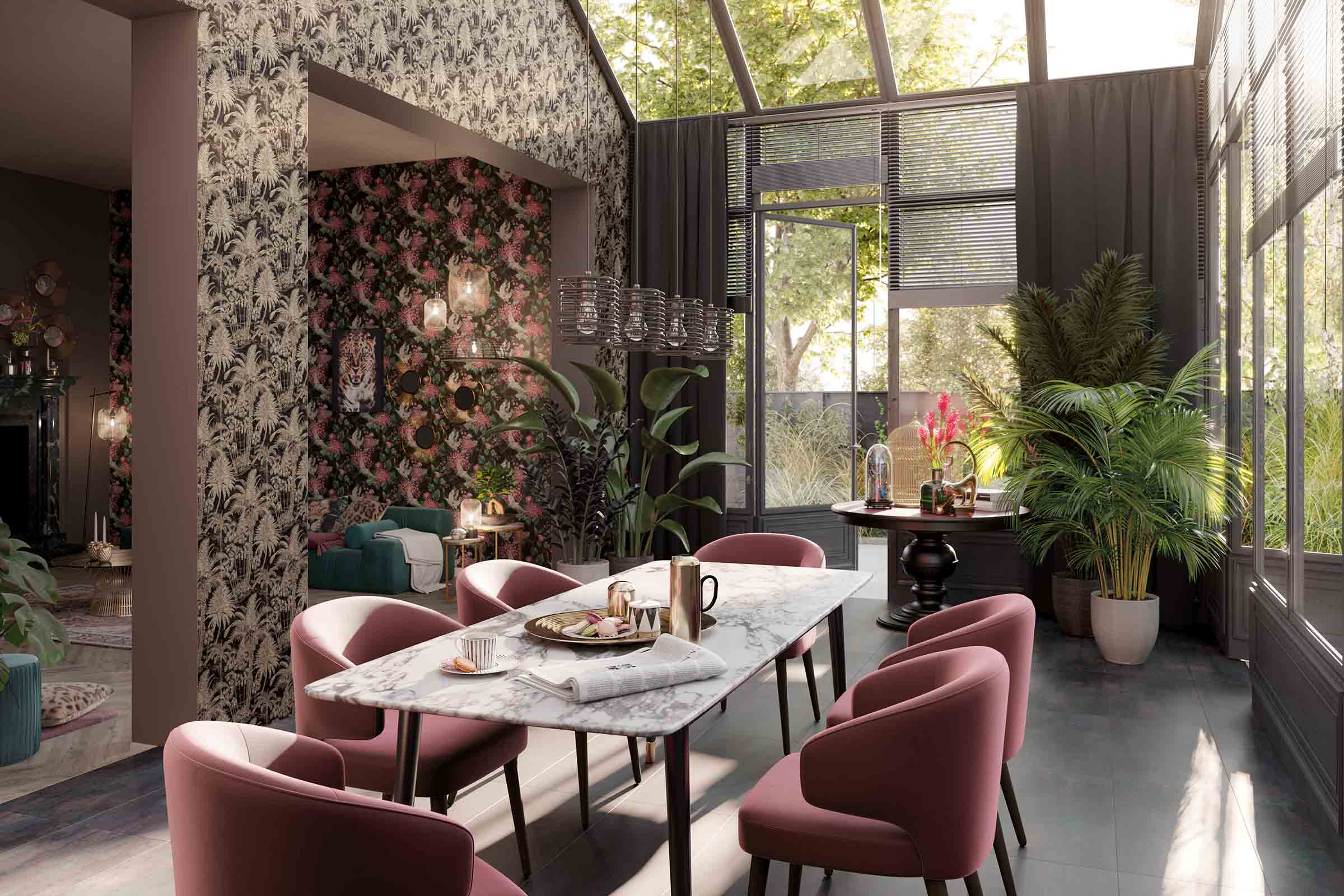 Idee de design interior pentru o sufragerie cu o masă cu blat de marmură, scaune tapițate și tapet floral.