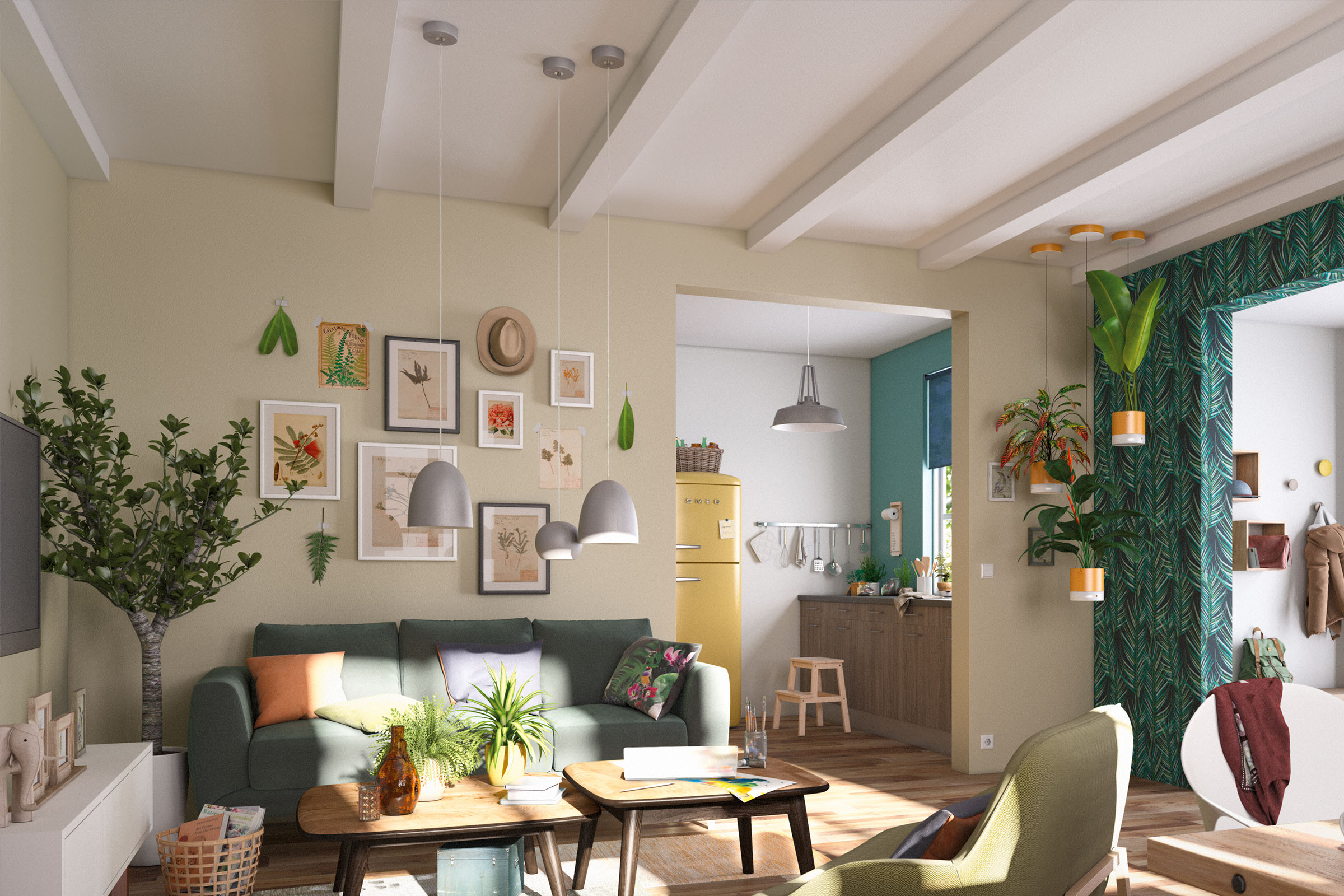 Living luminos cu canapea, măsuță de cafea, plante și frigider galben