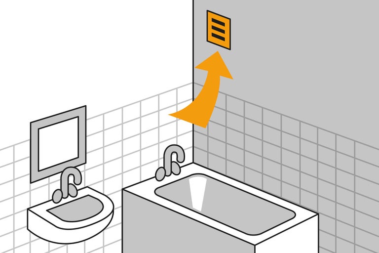 Simbol pentru ventilație manuală în baie cu lavoar și cadă