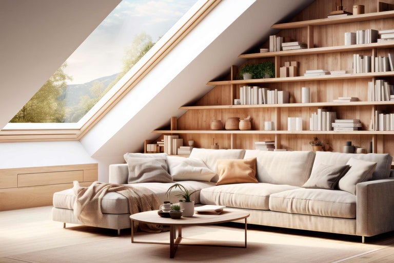 Cameră de zi luminoasă cu fereastră de mansardă, bibliotecă și canapea de colț