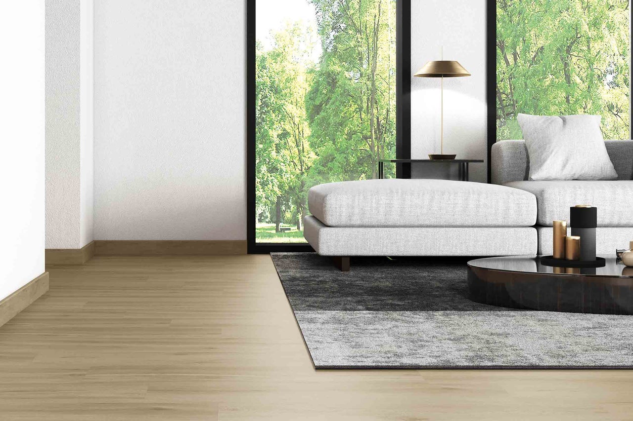 Cameră de zi cu canapea, covor și podea din lemn