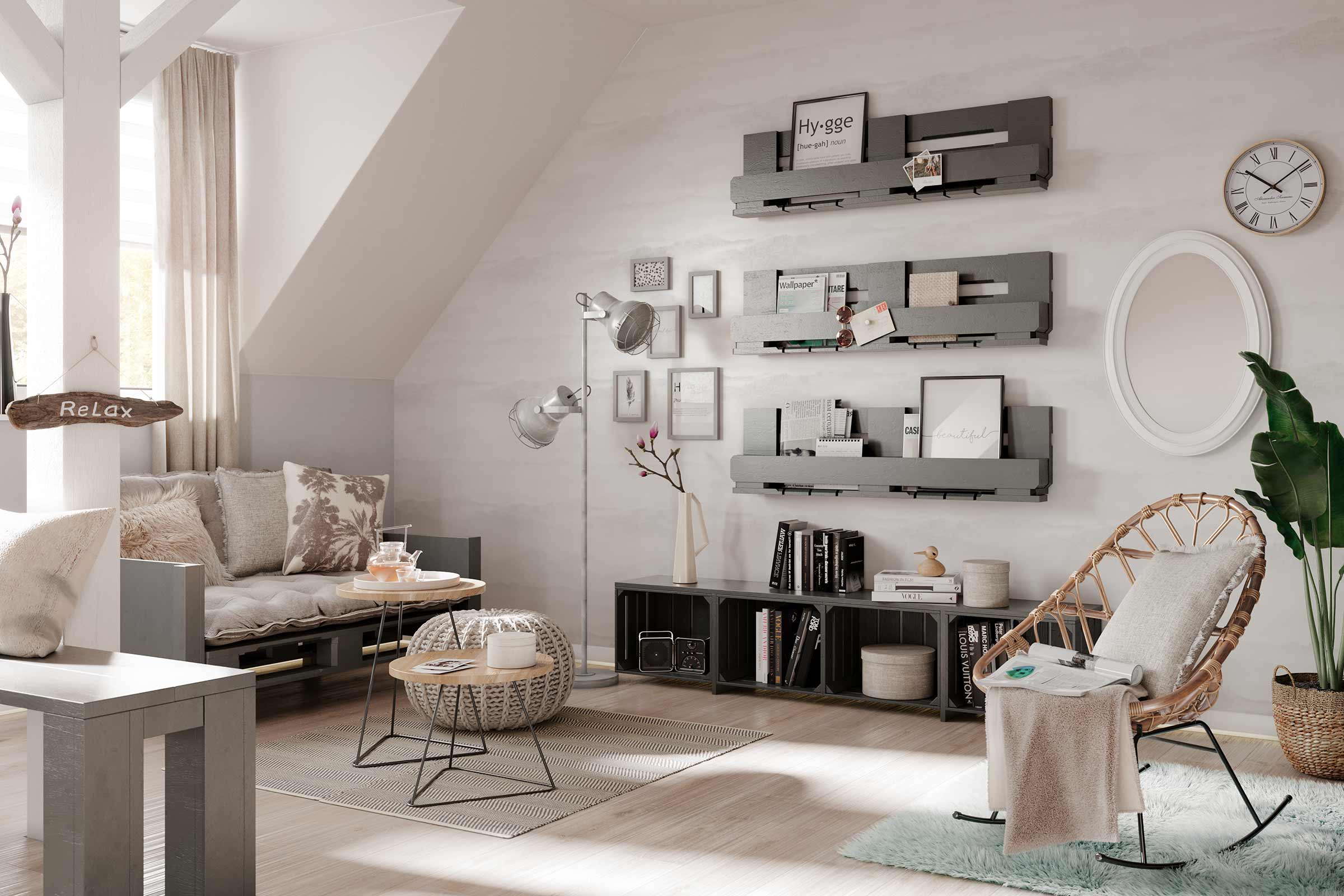 Cameră de zi luminoasă, cu locuri de ședere, rafturi și elemente decorative pentru o atmosferă confortabilă