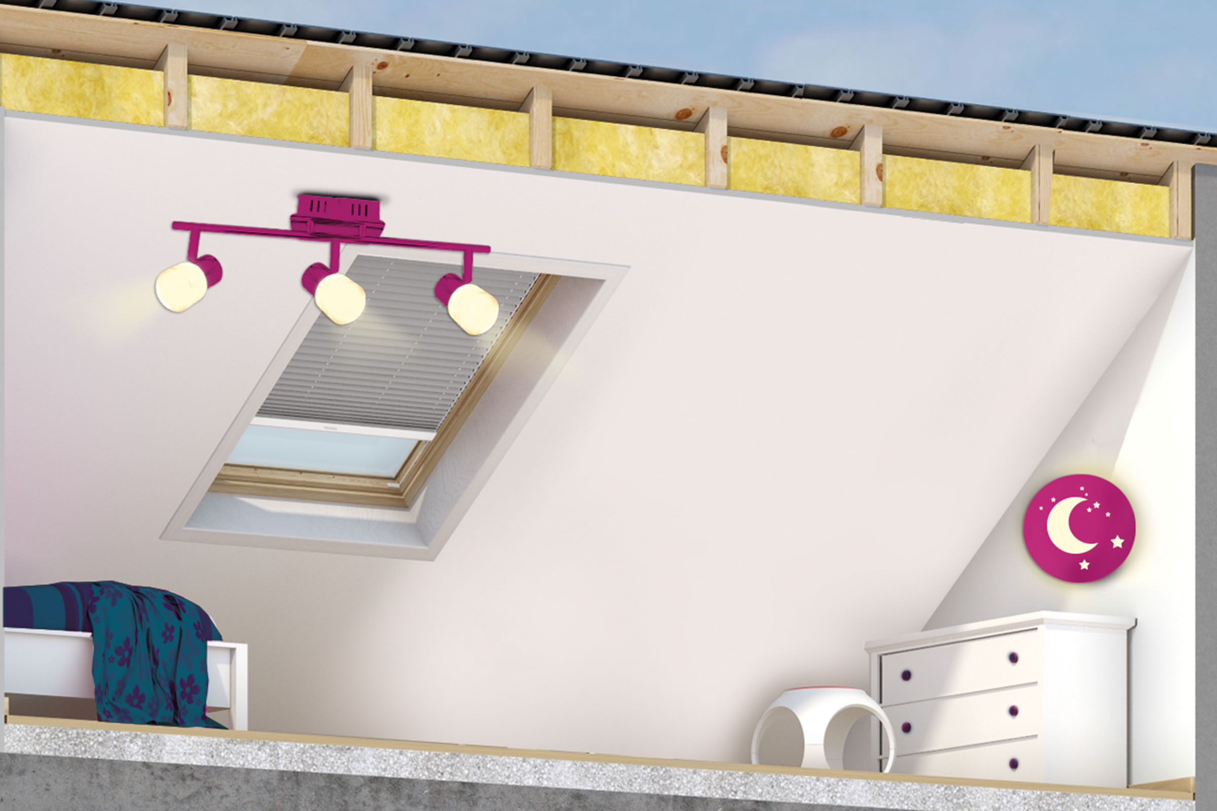 Cameră de mansardă cu fereastră de mansardă, iluminat și mobilier în stil modern