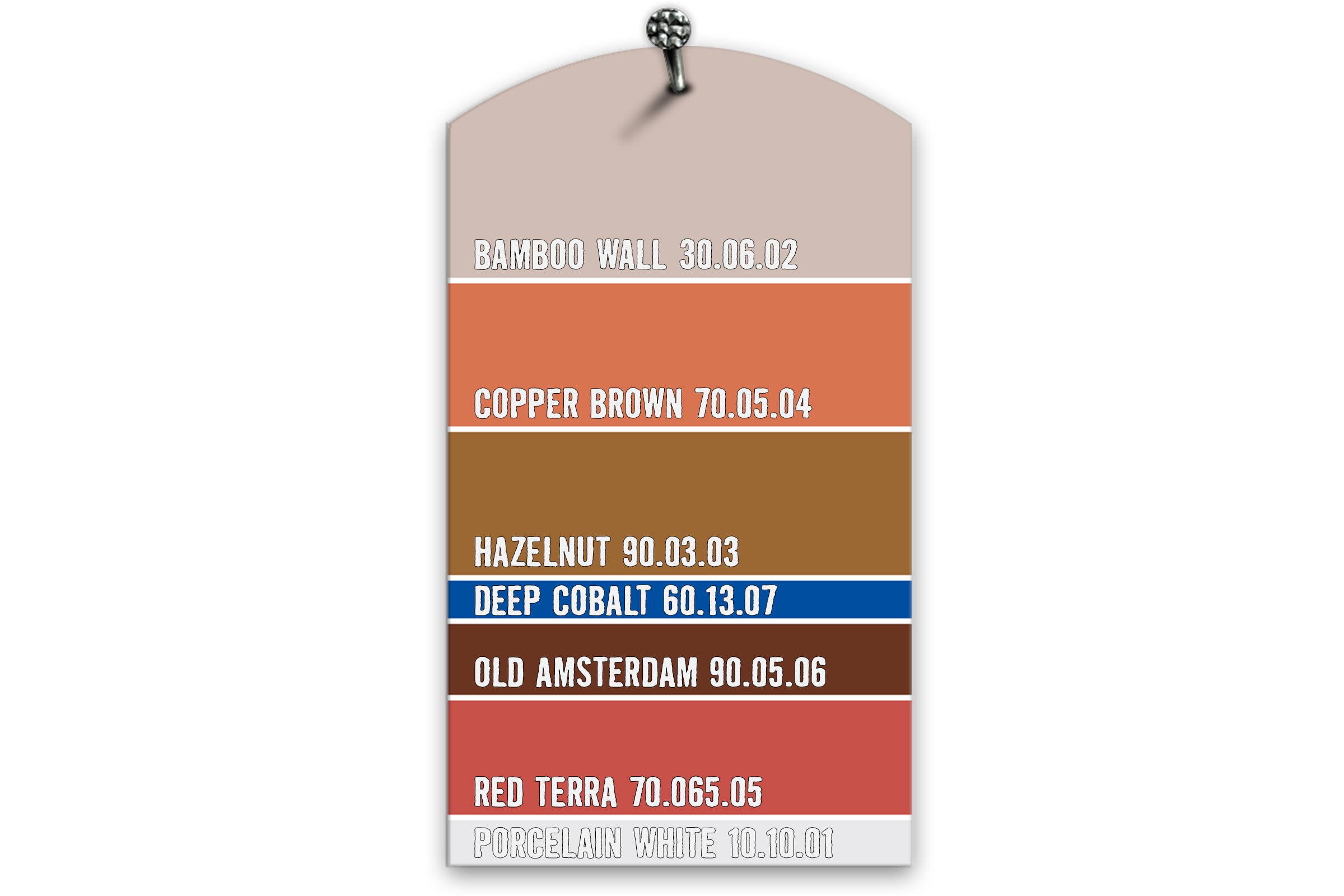 Mostră de culori cu nuanțe pentru interior: Bamboo Wall, Copper Brown, Hazelnut, Deep Cobalt, Old Amsterdam, Red Terra și Porcelain White