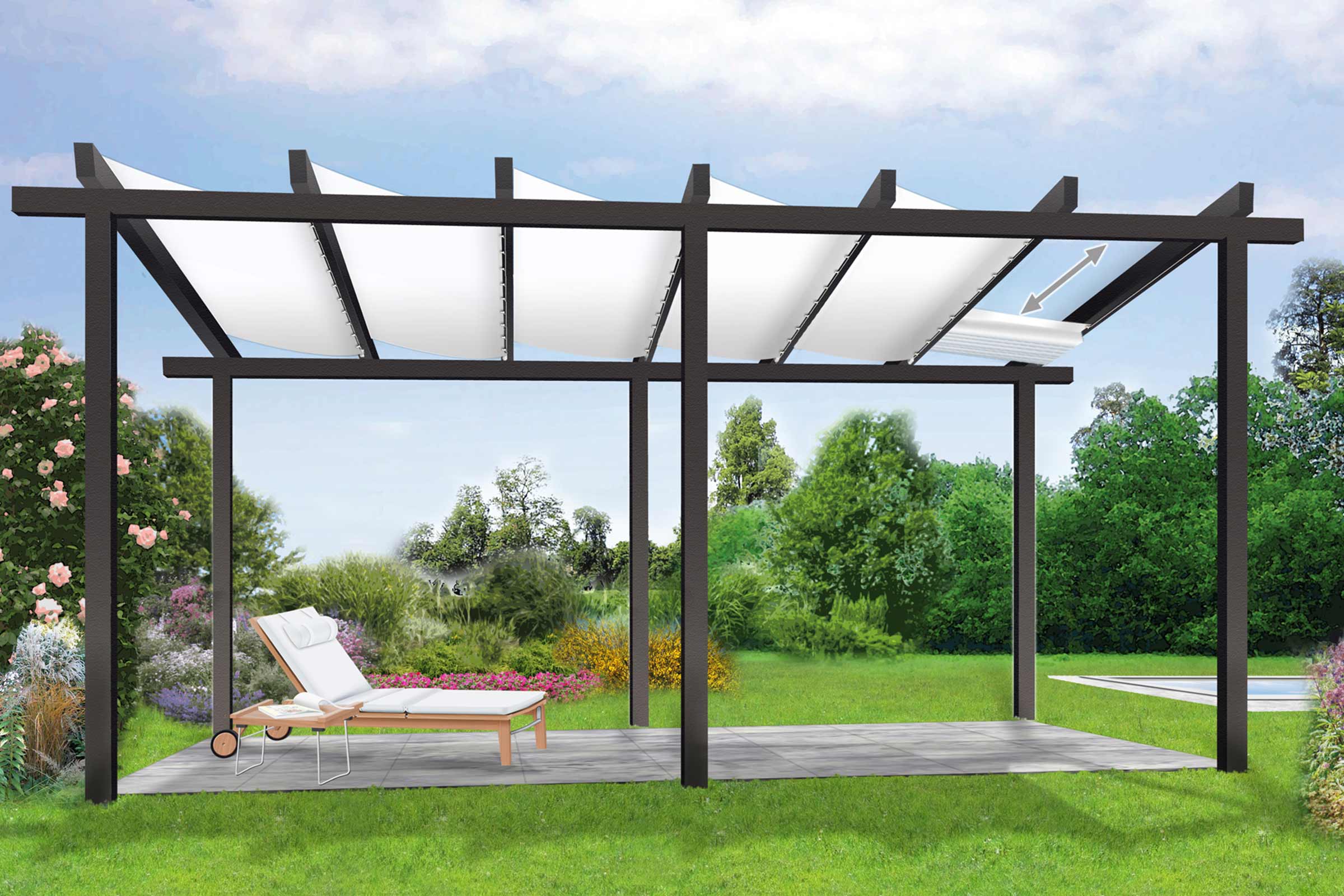 Pergolă cu protecție solară glisantă și mobilier de grădină în grădină