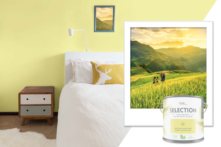 Dormitor cu vopsea de perete, pat, noptieră și cutie de vopsea de perete StyleColor Selection