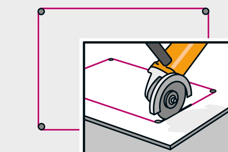 Ilustrație a tăierii unei plăci de faianță cu un polizor unghiular de-a lungul unei linii marcate