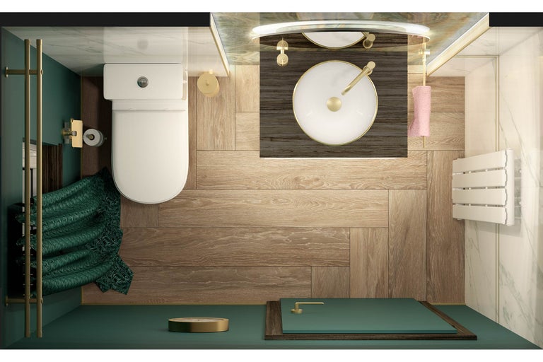 Vedere de sus a unei băi cu toaletă, chiuvetă, calorifer pentru prosoape și podea din lemn