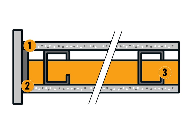 Secțiune transversală a unei structuri de perete cu izolație și profile metalice