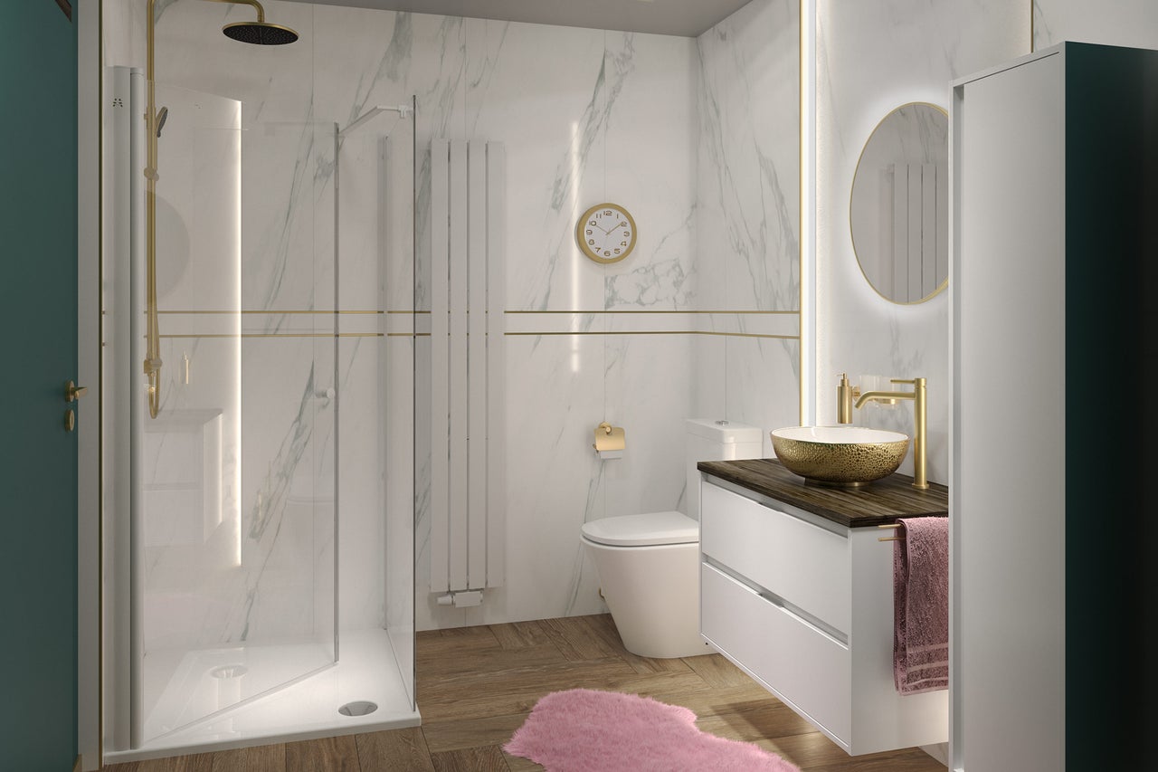 Baie cu duș, chiuvetă, oglindă și toaletă