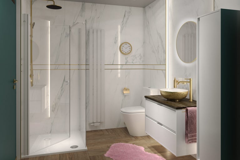 Baie cu duș, chiuvetă, oglindă și toaletă