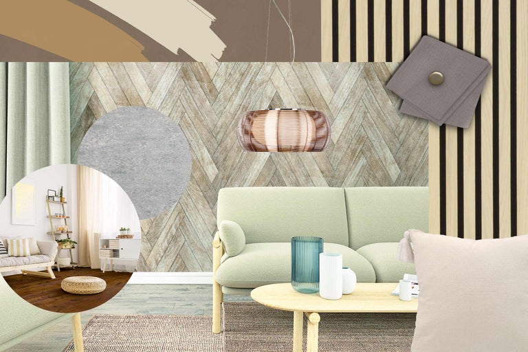 Colaj atmosferic de living cu mobilier și decorațiuni pentru o casă confortabilă.