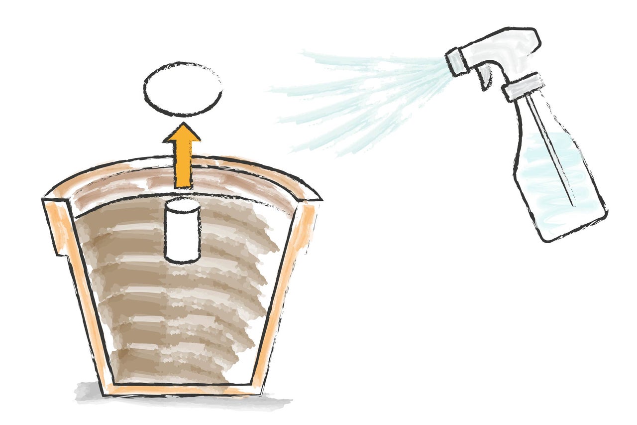 Ilustrație a unui ghid de semănare cu pulverizator și ghiveci de creștere