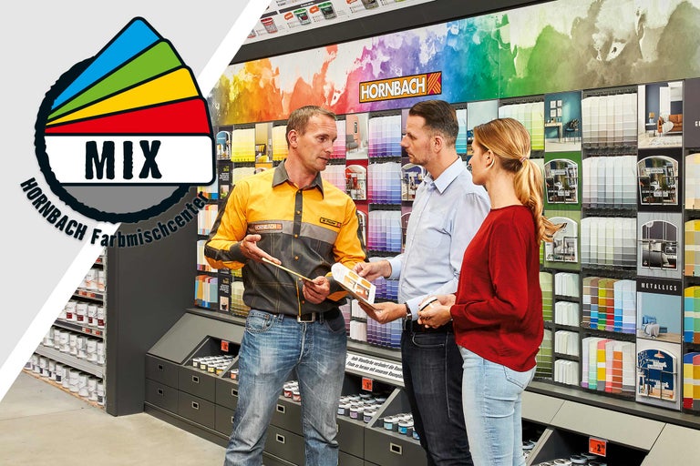 Consultanță clienți în centrul de amestecare a culorilor Hornbach în fața unui perete cu mostre de culoare