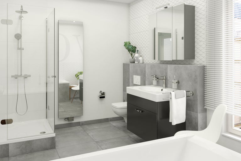 Baie cu duș, lavoar, dulap cu oglindă și toaletă