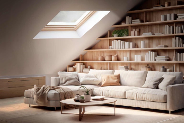 Cameră de zi cu canapea de colț, măsuță de cafea și bibliotecă sub o fereastră de mansardă