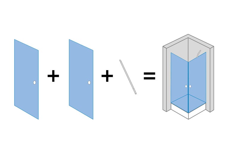 Ilustrație a unei cabine de duș de colț cu două uși și bară de stabilizare